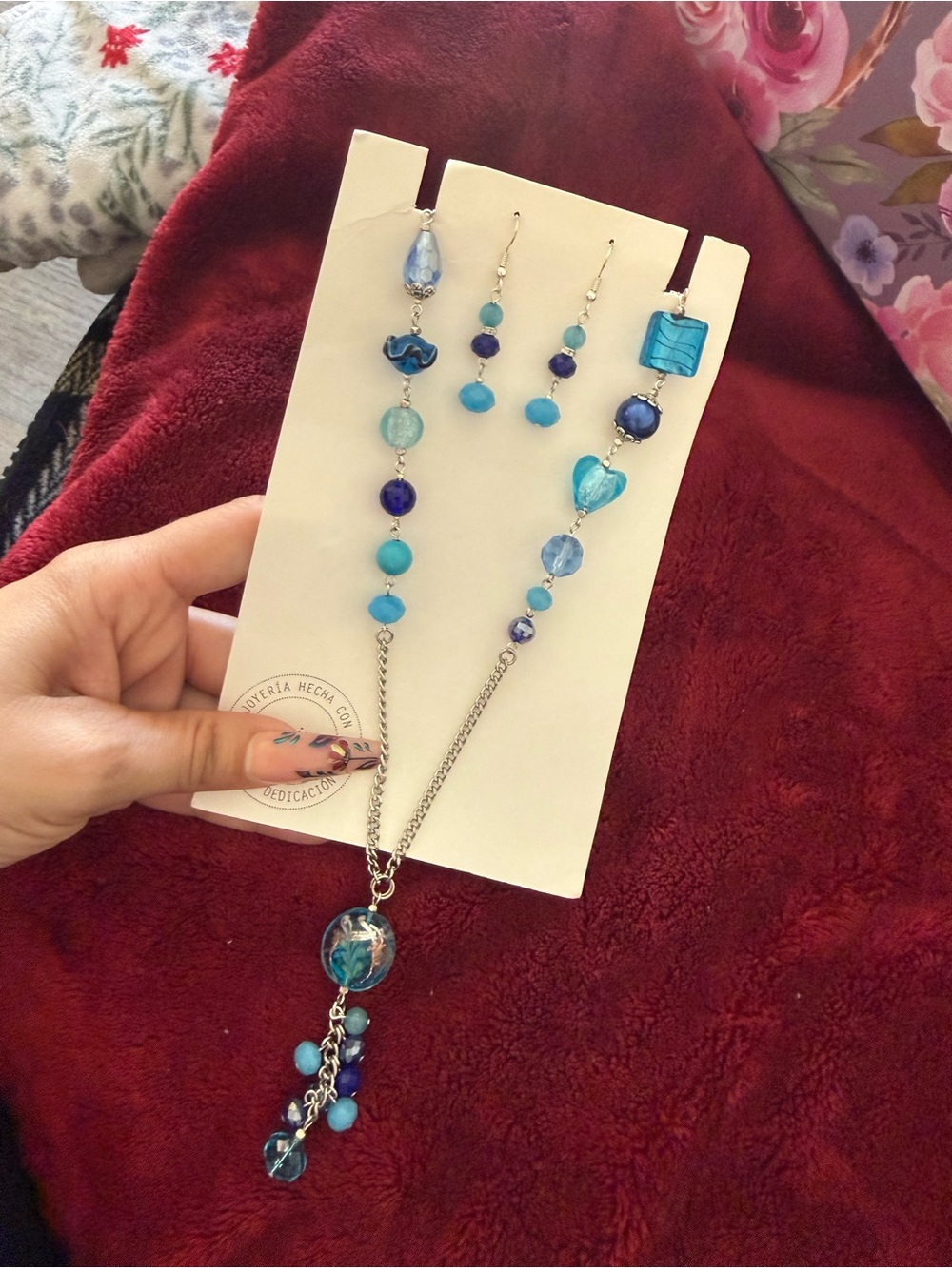 Handmade Blue Bead Necklace and Earrings Set